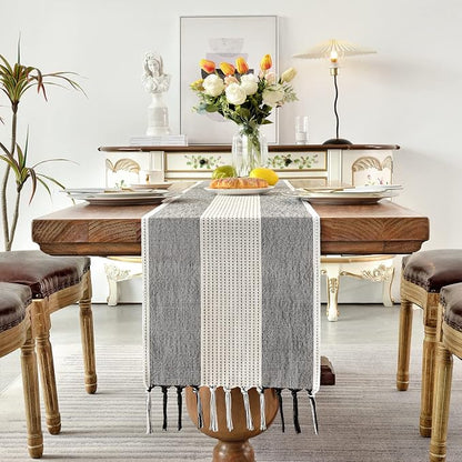 Wracra Linen Table Runner, Stripe Table Runners 36 Inches Long Black | Delicate - Image 4