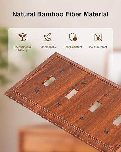 2-Pack Quad Toggle Light Switch Cover Plate, Wood Grain Decorative Switch Plate Covers, Natural Bamboo Fiber 4 Gang Wall Plate for Toggle Light Switch and Rotary Dimmer Switch