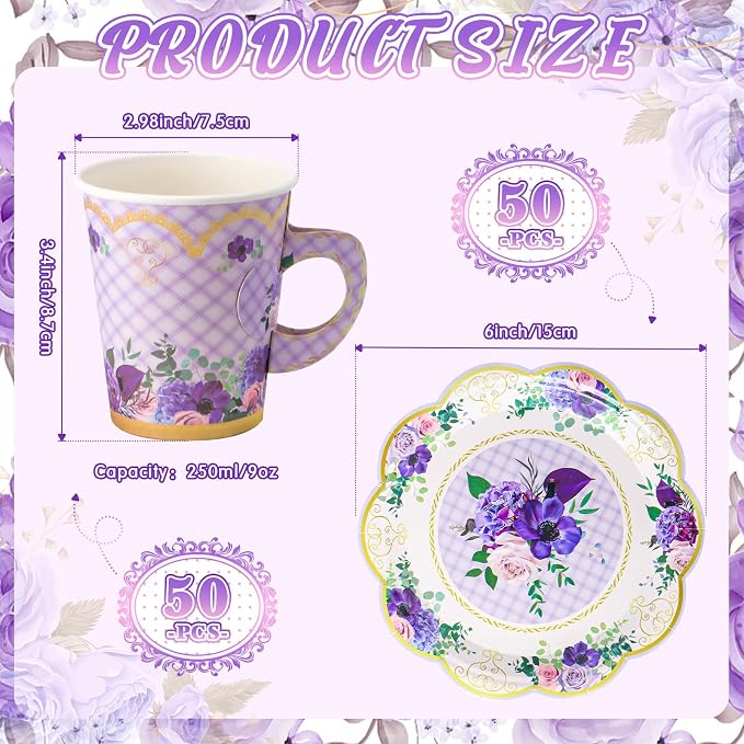 Tioncy 100 Pcs Tea Party Decorations Include 50 Pieces 9 oz Paper Tea Cups - Image 2