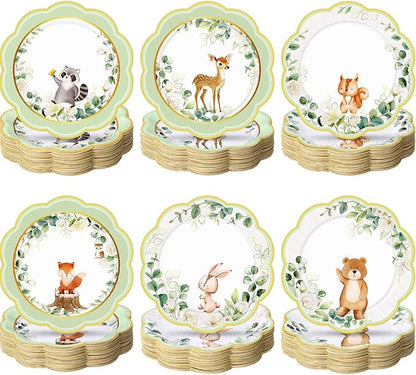 60 Pcs 7 Inch Woodland Animals Baby Shower Paper Plates Woodland Creatures Decorations Tableware Baby Gender Neutral Plates for Forest Animal Theme and Birthday Party Supplies