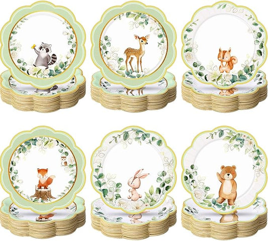 60 Pcs 7 Inch Woodland Animals Baby Shower Paper Plates Woodland Creatures Decorations Tableware Baby Gender Neutral Plates for Forest Animal Theme and Birthday Party Supplies