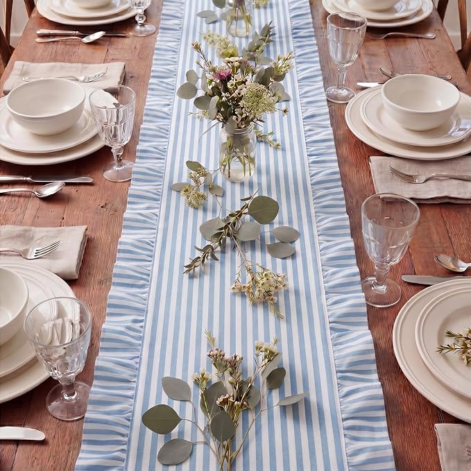 HunnmingRe Ruffle Trim Boho Table Runner Farmhouse Rustic Stripes Scalloped - Image 4