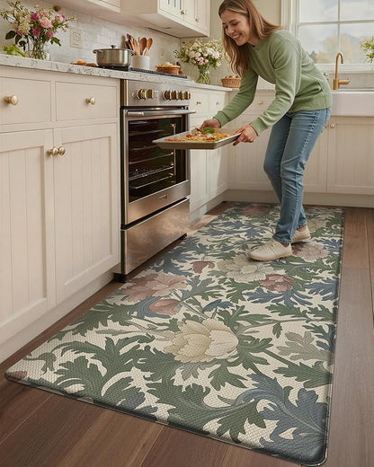 Color&Geometry Floral Kitchen Mat 24"x59", Anti Fatigue Mats for Kitchen Floor, Kitchen Rugs Non Slip, Waterproof & Oil Proof Kitchen Runner for Standing Desk Office, Sink - Floral Beige