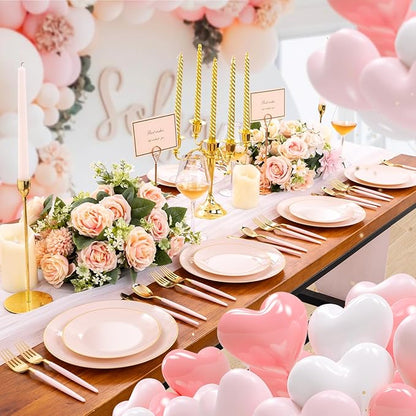 Liacere 150PCS Plastic Plates-Gold Plastic Silverware with Pink Handle - Pink Disposable Plates Include 30 Guests Plates, Forks, Spoons, Knives for Wedding＆Easter Day＆Galentines day＆Valentine's Day