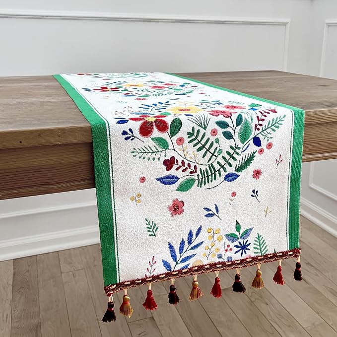 Floral Table Runner with Tassel Edges, Cotton Blend Decorative Runner by QGENUINE