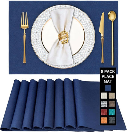 Cloth Placemats Set of 8 - Thickened Navy Blue Table Placemats Set - Heat Resistant Dining Table Place Mats Washable Kitchen Table Mats Set of 8, 18x12 inch, Easy to Clean(Blue)