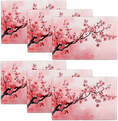 Japanese Cherry Blossom Placemats Set of 6, Pink Sakura Floral Place Mats, Flower Waterproof Washable Table Mats for Home Party Indoor Kitchen Dining Table Decoration 12x18 Inch