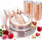 YOUBET 175PCS Rose Gold Plastic Plates - Clear Plastic Plates Disposable with Rose Gold Rim includes 50 Rose gold plates, 25Forks, 25Knives, 25Spoons, 25Cups, 25Napkins for Party & Wedding
