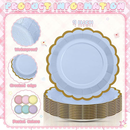 96 Pcs Pastel Paper Plates 9 Inch Gradient Scalloped Paper Disposable Dinner Dessert Plates for Easter Birthday Wedding Bridal Party Supplies, 6 Colors