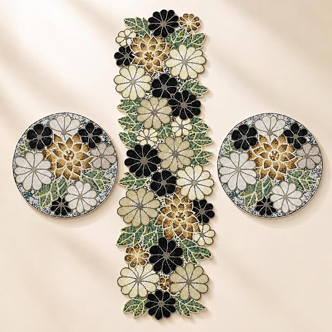 Beaded Table Runner Decore 36 inches Long Christmas Flower Design Beaded Table - Image 9