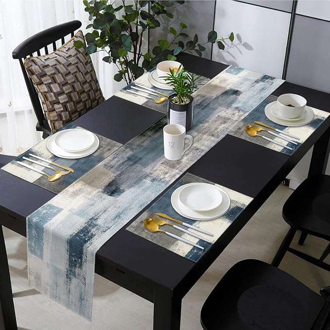 Emvency Table Runner and Placemats Set of 6, Abstract Farmhouse Painting | Blue - Image 6
