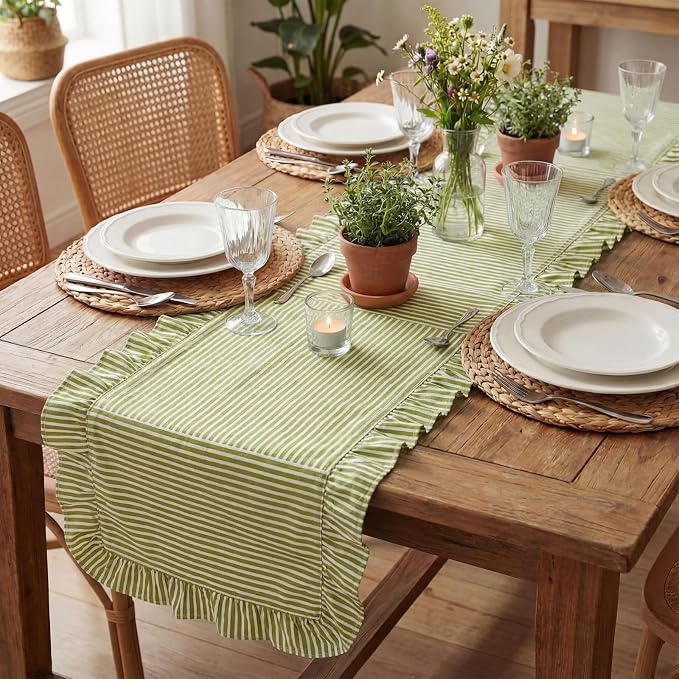 HunnmingRe Ruffle Trim Boho Table Runner Farmhouse Rustic Stripes Scalloped - Image 7