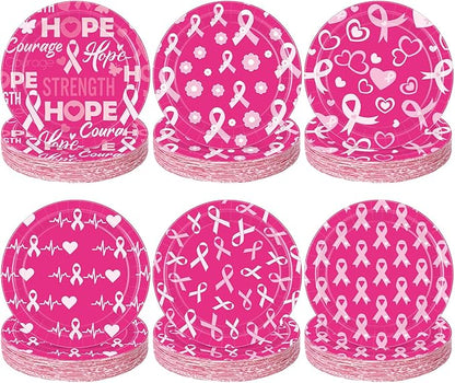 60 Pcs Breast Cancer Awareness Decorations 7 Inch Pink Ribbon Survivor Paper Plates Disposable Party Supplies Hope Love Cure Plates for Breast Cancer Awareness Month Women Charity Activities