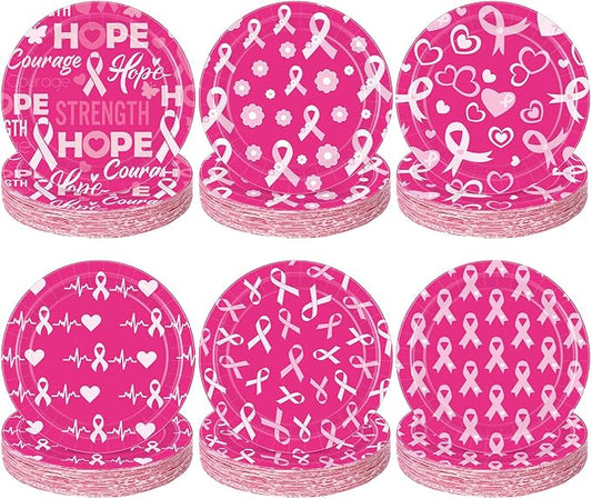 60 Pcs Breast Cancer Awareness Decorations 7 Inch Pink Ribbon Survivor Paper Plates Disposable Party Supplies Hope Love Cure Plates for Breast Cancer Awareness Month Women Charity Activities