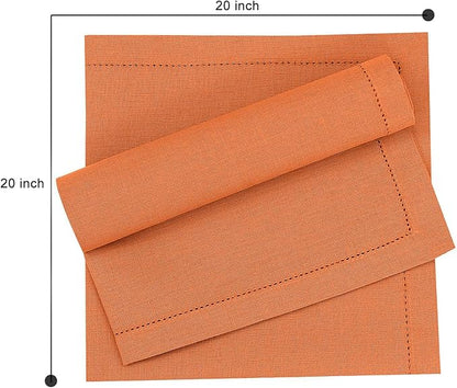 Ruvanti Premium Linen Napkins Set of 12-20x20 Inch, Classic Hemstitch, Mitered Corner Cloth Napkins - Soft, Elegant Dinner Napkins Cloth Washable for Weddings, Parties, Everyday Use - Fall/Orange