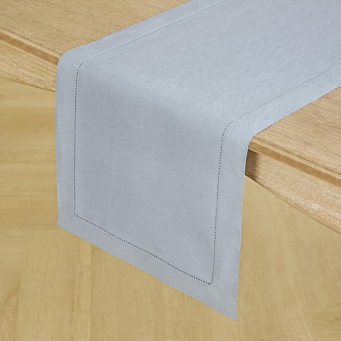 Solino Home 100% Pure Linen Table Runner Blue, Classic Hemstitch 14 x 60 in | - Image 2