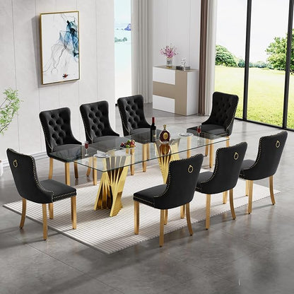 SSLine Modern 70" Glass Dining Table Set for 8, Kitchen Dinner Table Set with Stainless Steel Base and 8 Velvet Dining Chairs