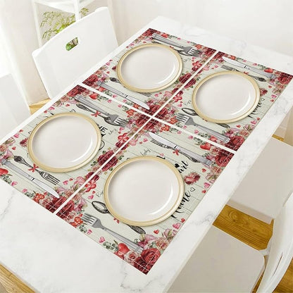 Retro Farmhouse Placemat Set, Romantic Pink Rose Floral Rural Plank Art Sketch Cutlery Knife Fork Inspirational Quotes Pattern Home Decor Linen Table Mats for Dining Room Kitchen Party (17x12in) x6P