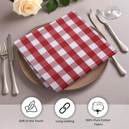 Urban Villa Cloth Napkins Set of 12 20x20 Inches 100% Cotton Napkins Cloth Washable Durable Reusable Absorbent Table Dinner Napkins Cloth for Farmhouse Party Hotel Lunch Restaurant Napkins - Red White