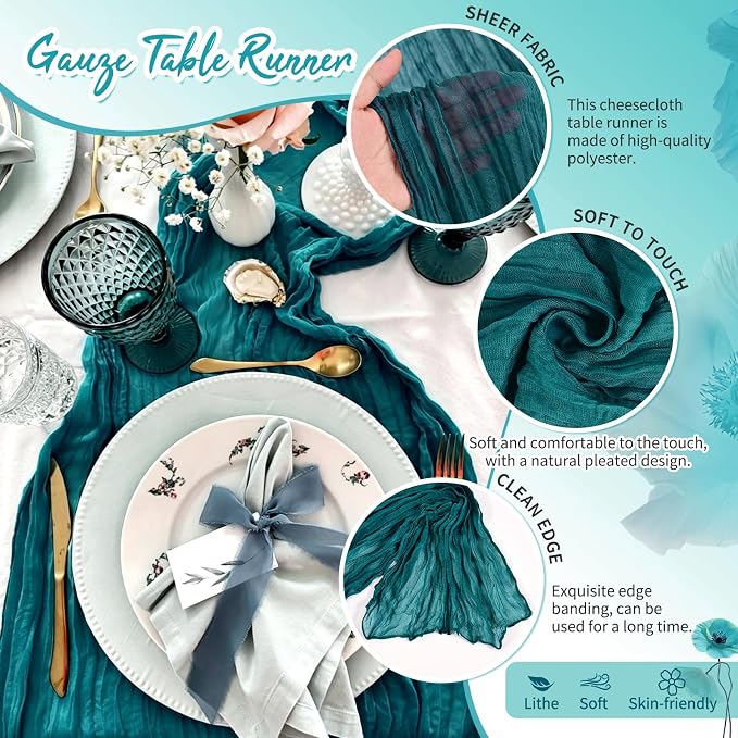 Showgeous 18 Pack Teal Cheesecloth Table Runner, 17 x 108 Inches | Boho - Image 3