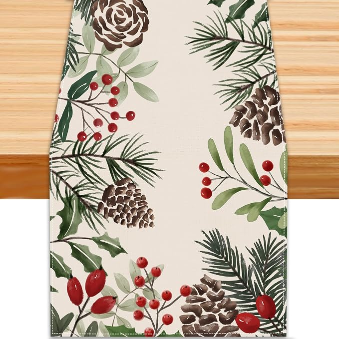 Christmas Winter Table Runner, Holly Berry Pine Cone Needle Branch Table by Unknown