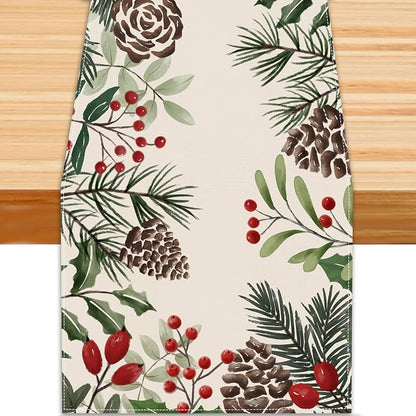 Christmas Winter Table Runner, Holly Berry Pine Cone Needle Branch Table by Unknown