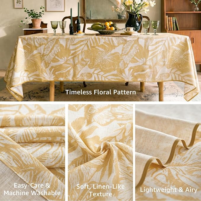 jinchan Yellow Tropical Floral Linen Rectangle Table Cloth 50x84 | Colorful - Image 3