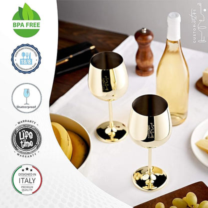 Gusto Nostro Stainless Steel Wine Glass - 18 oz Unbreakable Gold Wine Glasses for Travel, Camping and Pool - Fancy, Unique and Cute Portable Metal Wine Glass for Outdoor Events, Picnics (Set of 4)