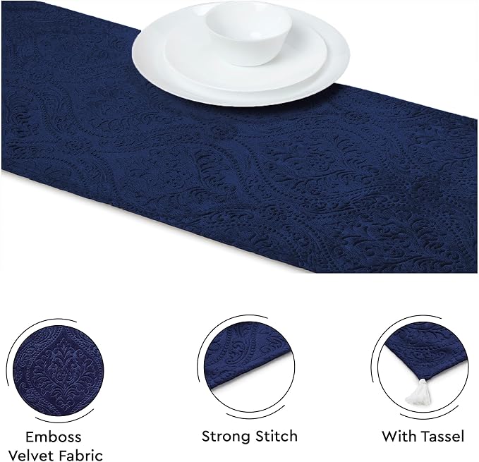 Encasa XO Table Runner, Embossed Velvet, Elegant 13"x72" | Navy Blue, 175 GSM - Image 3