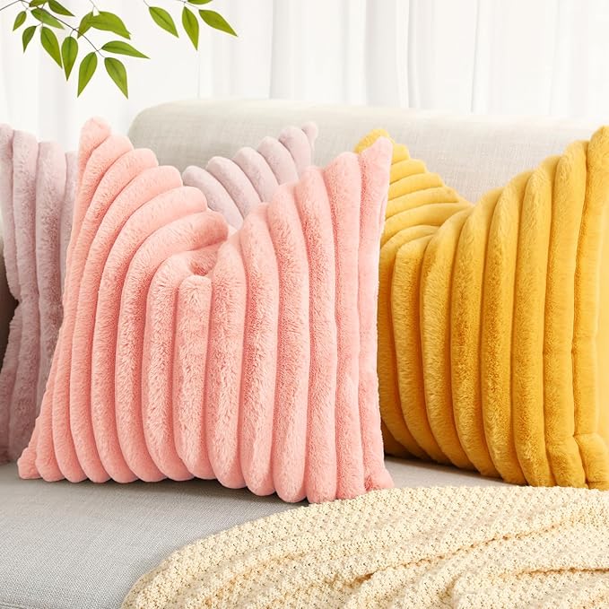 decorUhome Cozy Faux Fur Throw Pillow Covers 24x24 Set of 2 Decorative Plush Striped Modern Farmhouse Boho Couch Euro Sham Pillow Cases with Velvet Back for Sofa Bed Living Room Valentines, Blush Pink