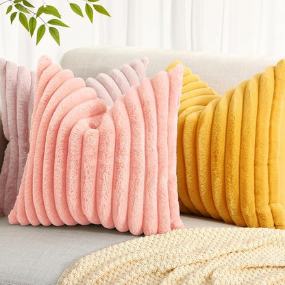 decorUhome Cozy Faux Fur Throw Pillow Covers 24x24 Set of 2 Decorative Plush Striped Modern Farmhouse Boho Couch Euro Sham Pillow Cases with Velvet Back for Sofa Bed Living Room Valentines, Blush Pink