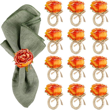 Handcraft Orange Flower Napkin Rings Set of 12, Peony Napkin Holder Floral Rings by FEKIDO