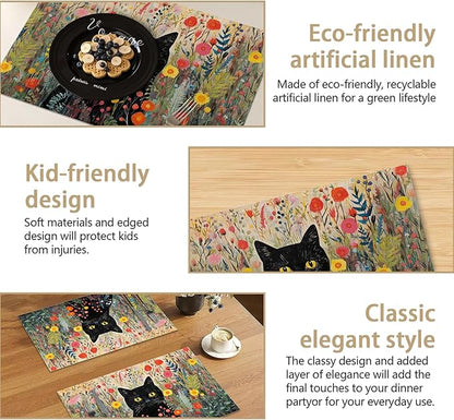 Placemats Set of 6 Cat Flowers Spring Place Mats Washable Kitchen Dining Linen Table Mats Stain Heat, for Home Party Indoor 12x18 in