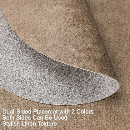 Myir JUN Reversible Vinyl Round Placemats Set of 8, Faux Leather Place Mats Dual Sided Waterproof Oilproof Wipeable, Heat-Resistant Table Mats for Kitchen Dining Indoor Outdoor (14", Light Gray Beige)