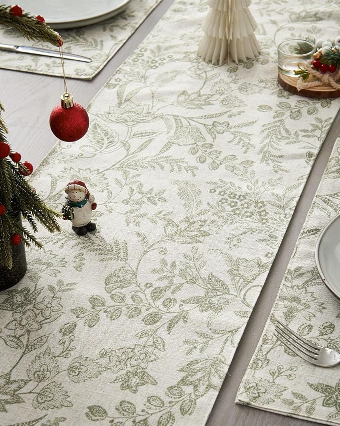 jinchan Sage Green Floral Linen Table Runner 13 x 72 Inch Farmhouse | Textured - Image 3
