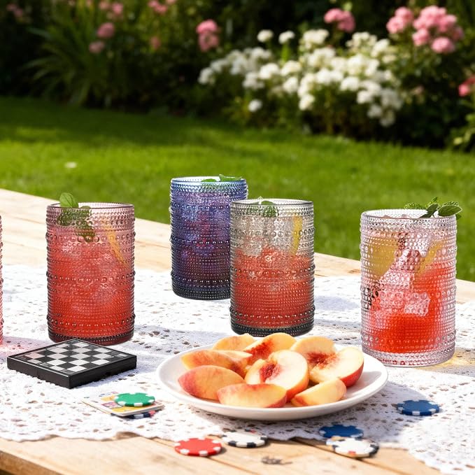Blue Hobnail Drinking Glasses Set of 6, 15 oz Vintage Highball Glasses - Image 6
