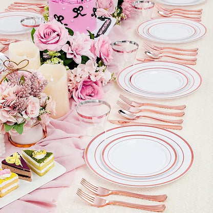 WELLIFE 450 PCS Rose Gold Disposable Dinnerware Set for 75 Guests, Mothers Day Plates, 75 Dinner & Salad Plate, Cups, Forks Knives Spoons for Wedding Reception and Valentine's Day