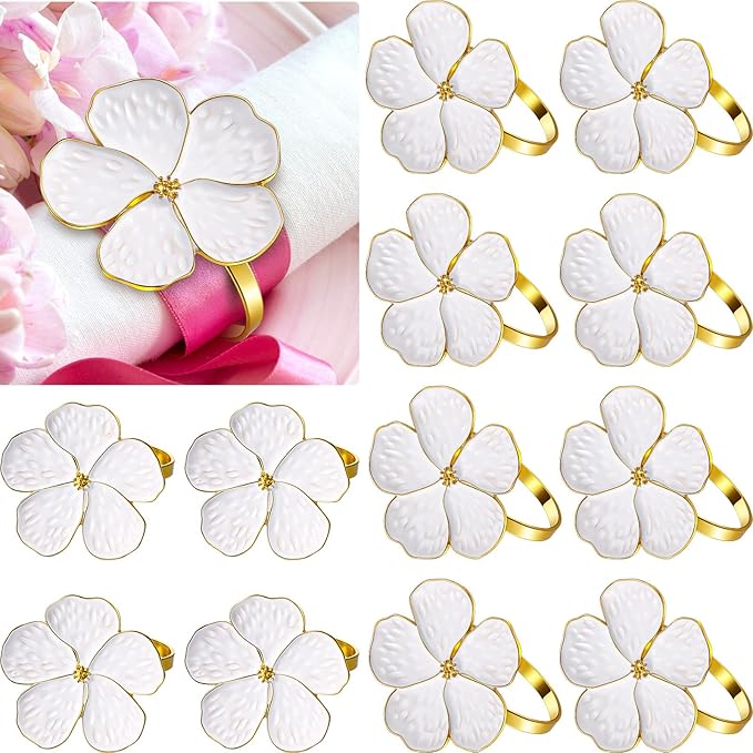 Patelai Set of 12 White Flower Napkin Rings Bulk Gold Napkin Ring Holders | by Patelai