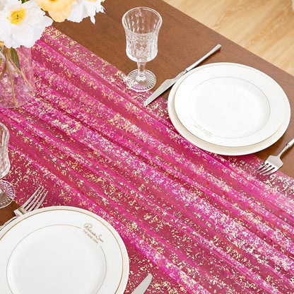 SiinvdaBZX 4 Pcs Hot Pink Sheer Tulle Table Runner 120 Inch/10 Ft Long | Gauze - Image 6