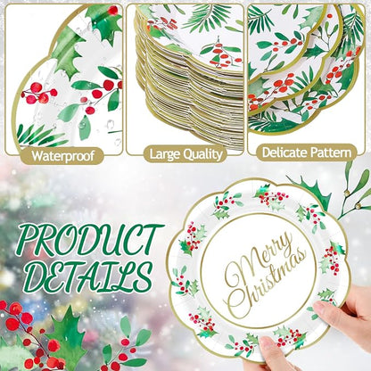 Gerrii 60 Pcs Christmas Party Plates 7 Inch Holly Berries Disposable Paper - Image 2