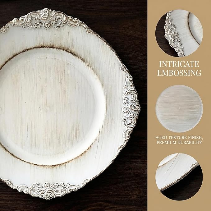 Antique White Charger Plates, 13 Inch Embossed Chargers - Image 4
