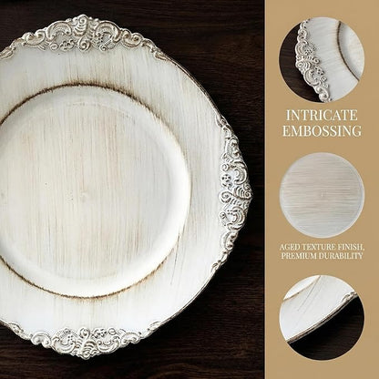 Antique White Charger Plates, 13 Inch Embossed Chargers - Image 4