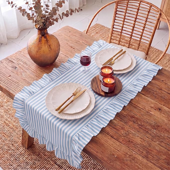 HunnmingRe Ruffle Trim Boho Table Runner Farmhouse Rustic Stripes Scalloped - Image 5