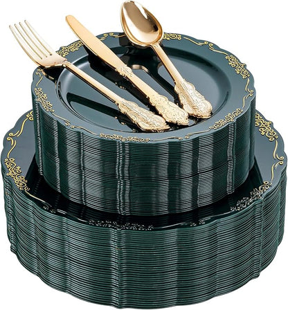 DaYammi 150Pcs Green Plastic Plates with Gold Silverware,Green Disposable Plates for Party include 30 Dinner Plate,30 Dessert Plate,90 Gold Plastic Cutlery,green gold plate for St. Patrick's Day Party