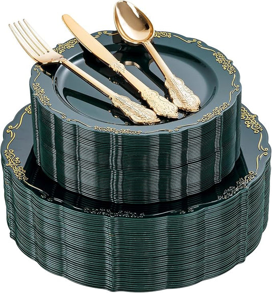 DaYammi 150Pcs Green Plastic Plates with Gold Silverware,Green Disposable Plates for Party include 30 Dinner Plate,30 Dessert Plate,90 Gold Plastic Cutlery,green gold plate for St. Patrick's Day Party