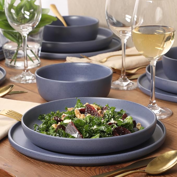 Gibson Elite Bayou Moon Plates and Bowls Sets, 16-Piece Blue Matte Stoneware - Image 2