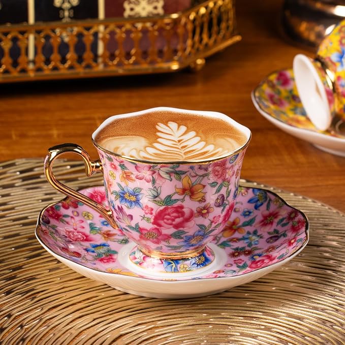 KAMMAK Tea Cup and Saucer, Ceramic Coffee Cups, 6.3 oz, Afternoon Tea and - Image 3