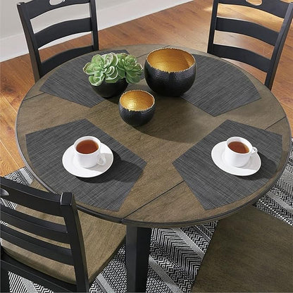 SHACOS Small Round Table Placemats Set of 5 Woven Vinyl Wedge Placemats with Centerpiece Round Table Mats Heat Resistant Wipe Clean (5, Black Gray)
