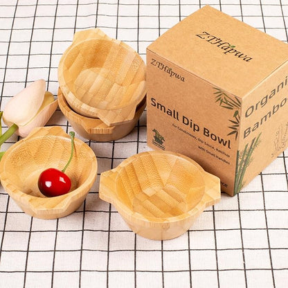 Mini Serving Bowls, 1.7 oz Small Bamboo Dipping Sauce Bowls with Handles for Charcuterie Boards/Side Dishes, Tart-shaped Pinch Bowl for Condiments/Snacks/Other Finger Foods, Set of 4