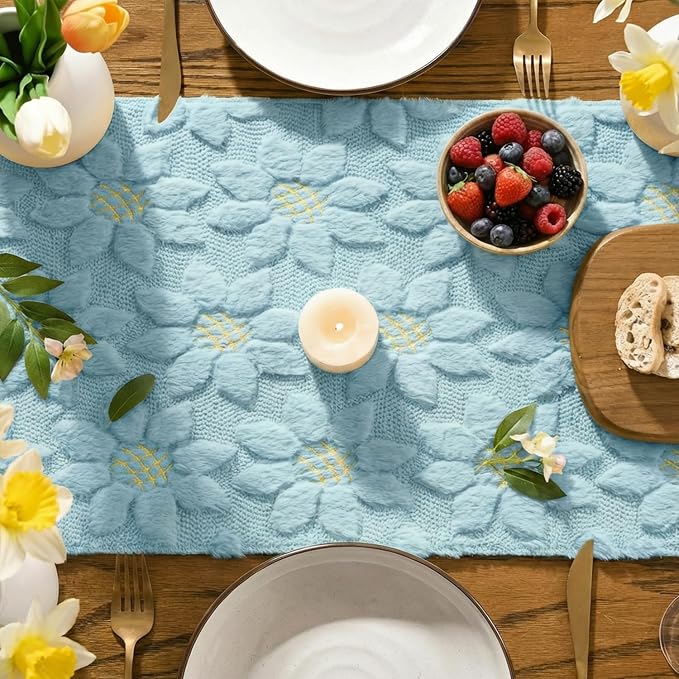 Artoid Mode Blue Soft Plush Faux Fur Jacquard Embroidery Sunflower Spring Table - Image 3